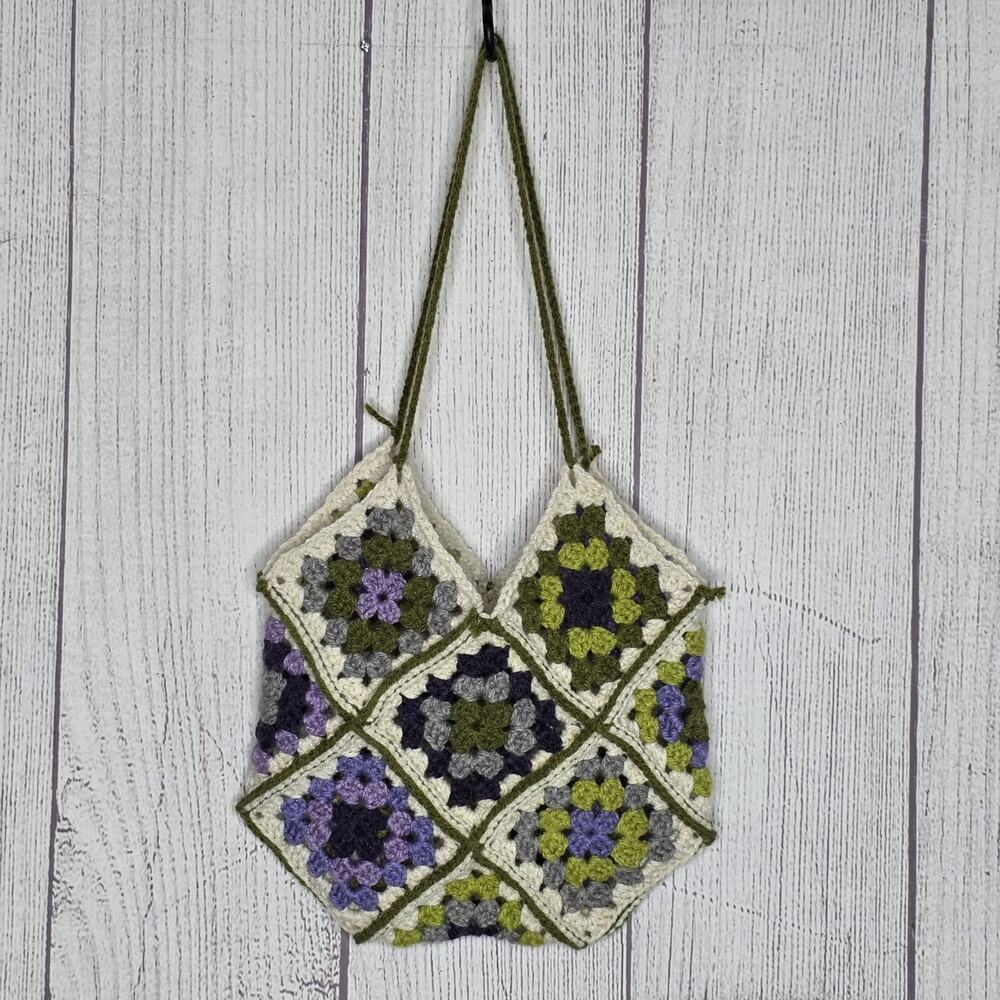 Vintage Handmade Crochet Granny Square Tote Bag Purple Green Boho Cottagecore